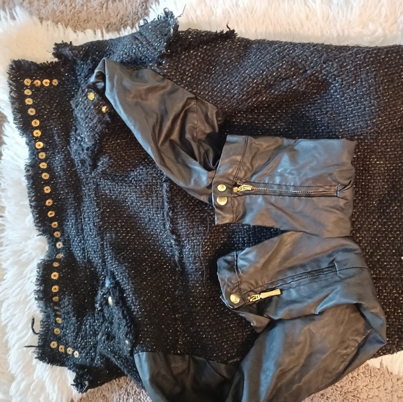 Black Tweed Gold Studded Leather Jacket Sz Small - Picture 3 of 5